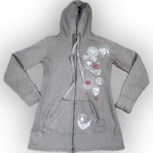 Fox brand vintage zipper hoody- gray color with pink embroidered detail.. size M